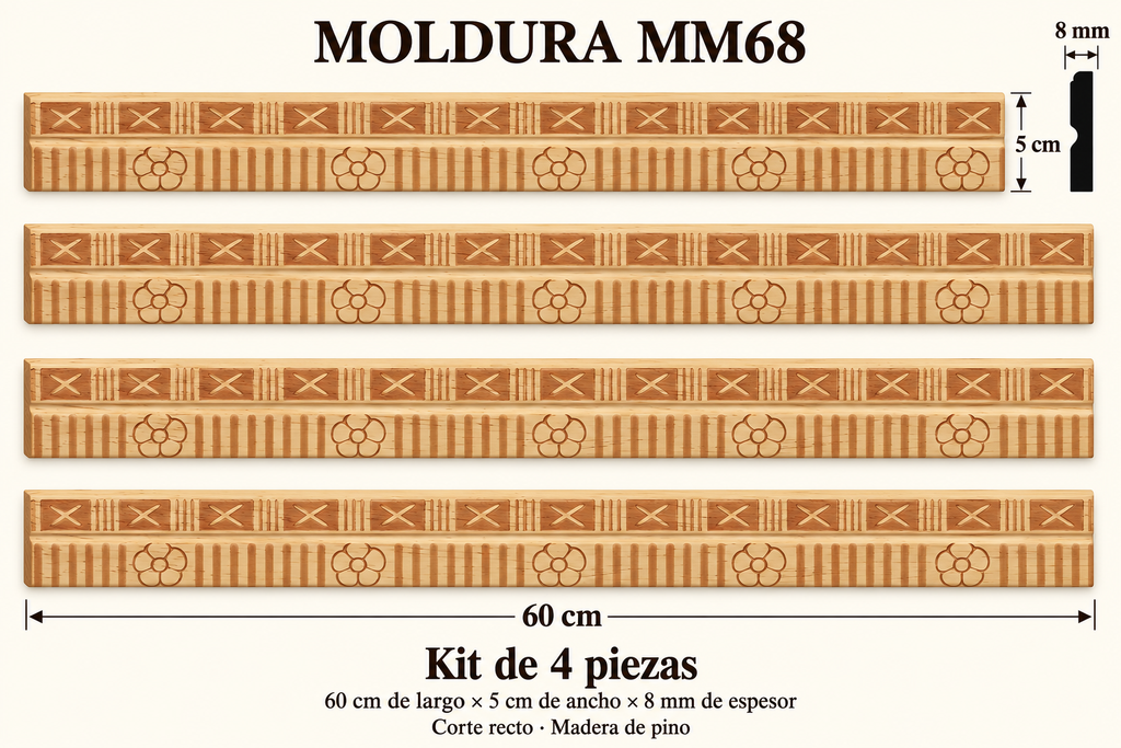 Moldura de madera grabada para mueble MM-68 – Kit de 4 piezas