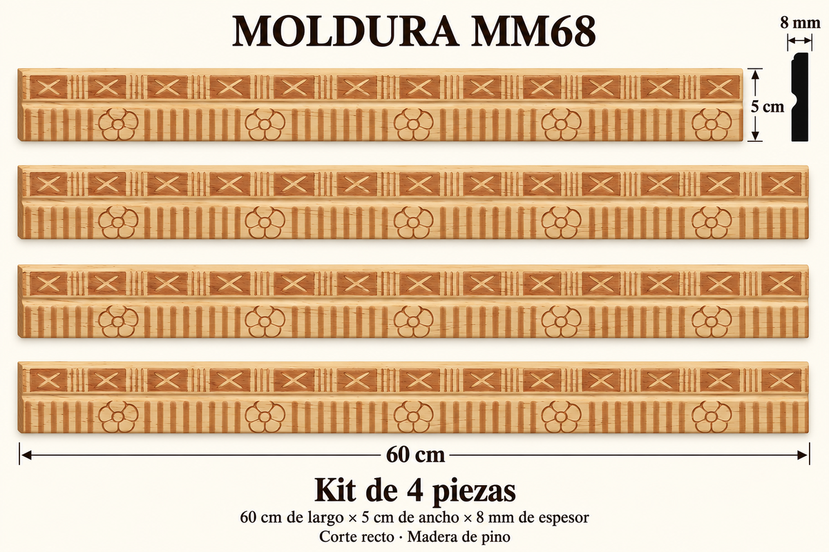 Moldura de madera grabada para mueble MM-68 – Kit de 4 piezas