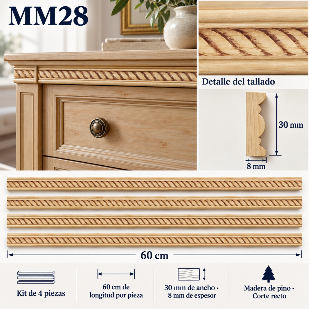 Moldura de madera grabada para mueble MM-28 – Kit de 4 piezas