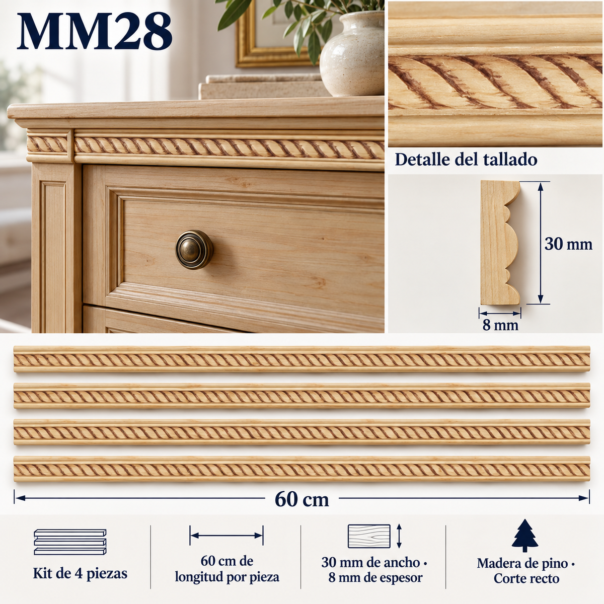 Moldura de madera grabada para mueble MM-28 – Kit de 4 piezas