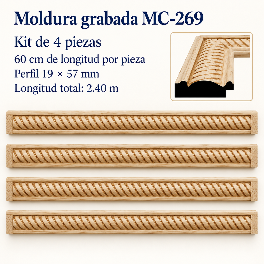 Moldura de madera grabada para marco MC269 – Kit de 4 piezas