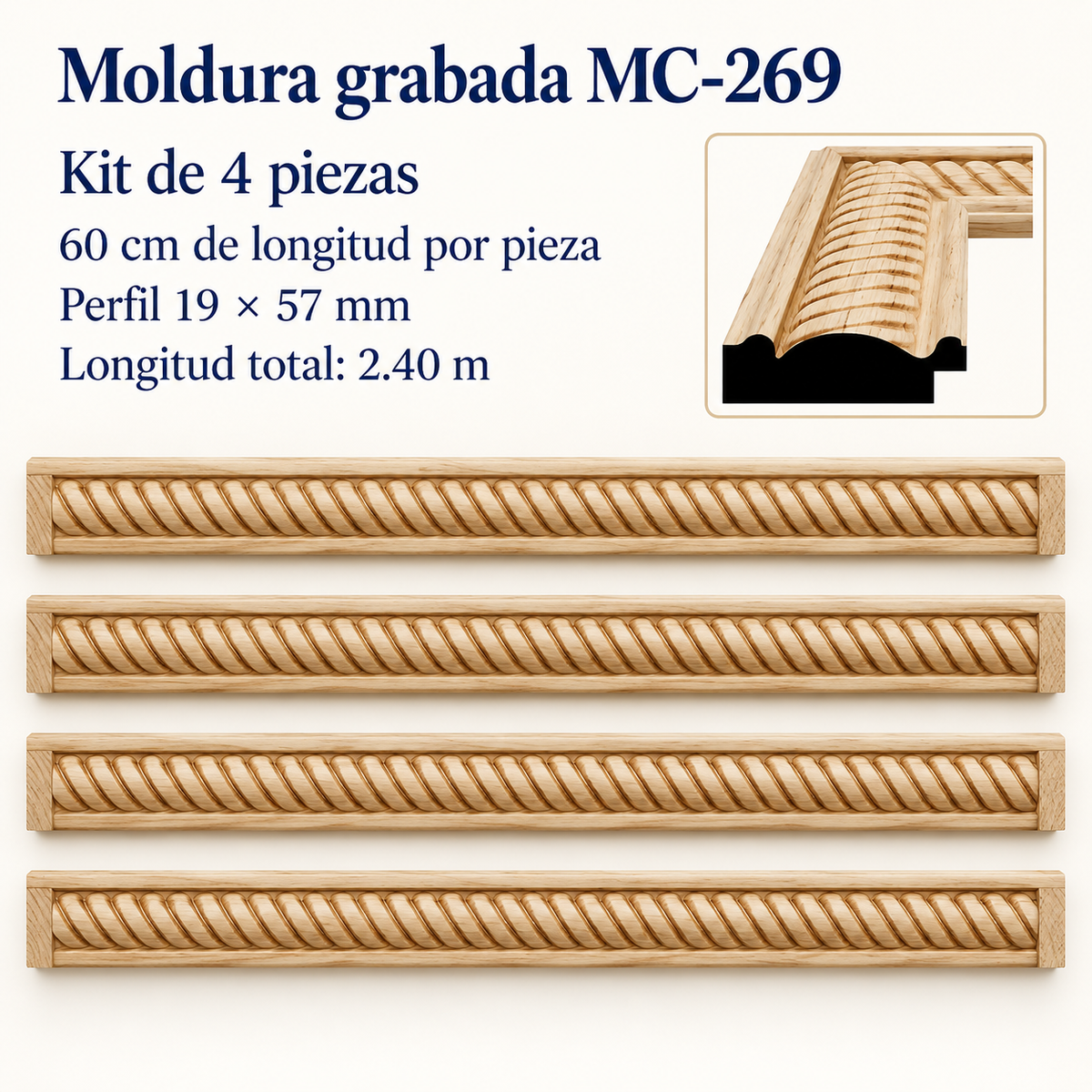 Moldura de madera grabada para marco MC269 – Kit de 4 piezas