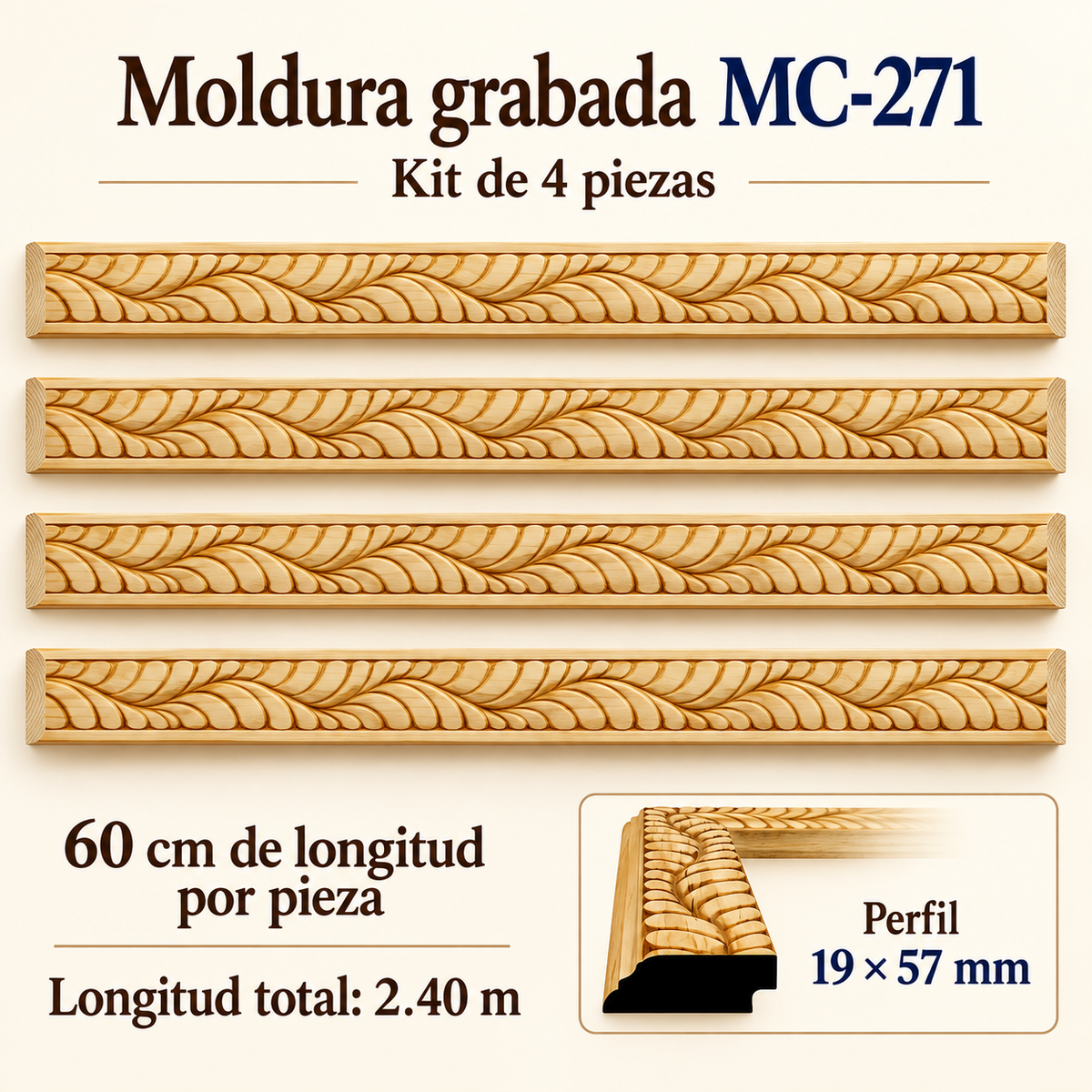 Moldura de madera grabada para marco MC271 – Kit de 4 piezas