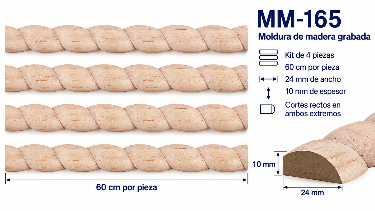 Kit 8 Molduras Media Caña Grabadas MM-165 de Madera | 55 cm c/u | Pino Natural
