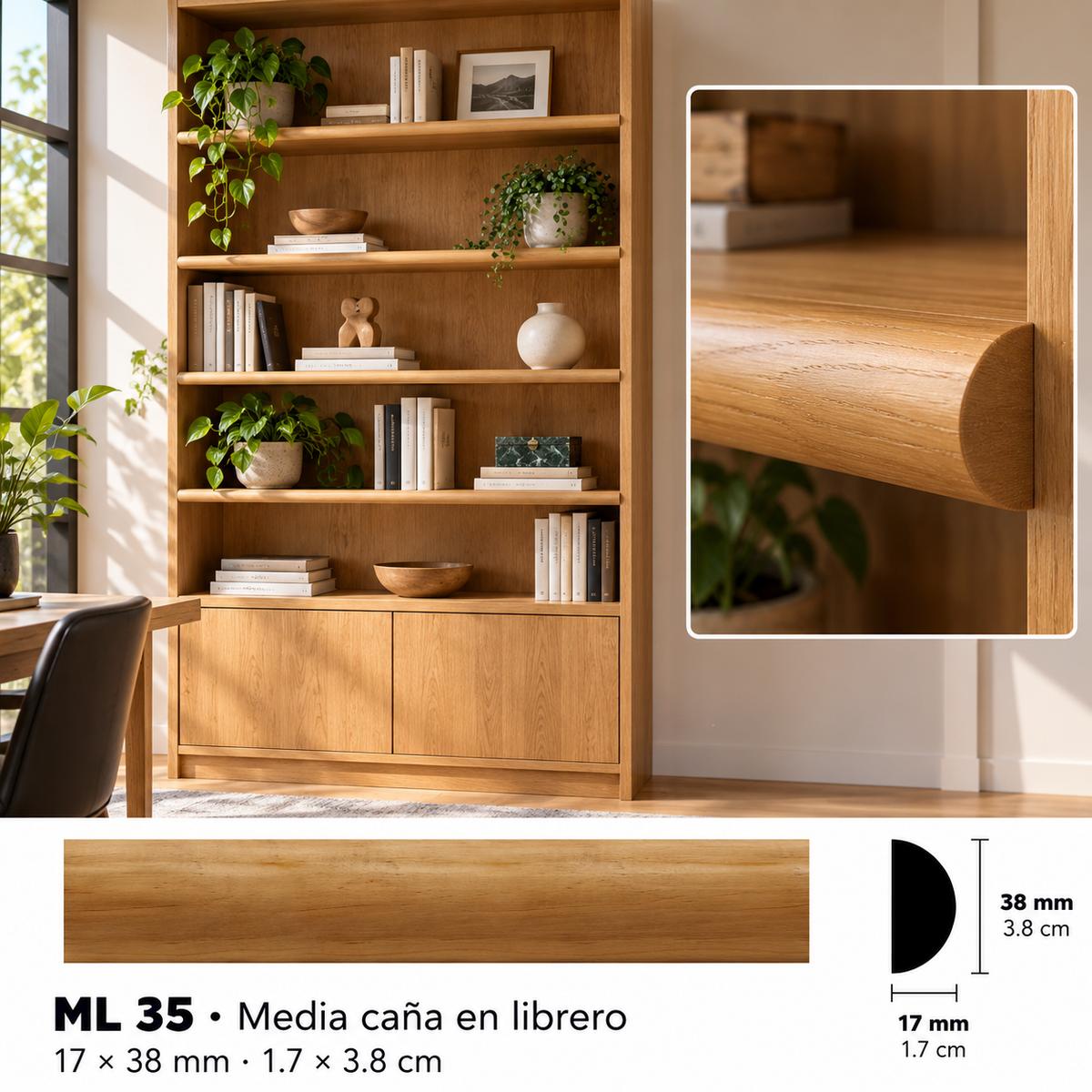 Moldura de madera lisa para mueble ML-35 – Kit de 4 Piezas TIPO MEDIA CAÑA