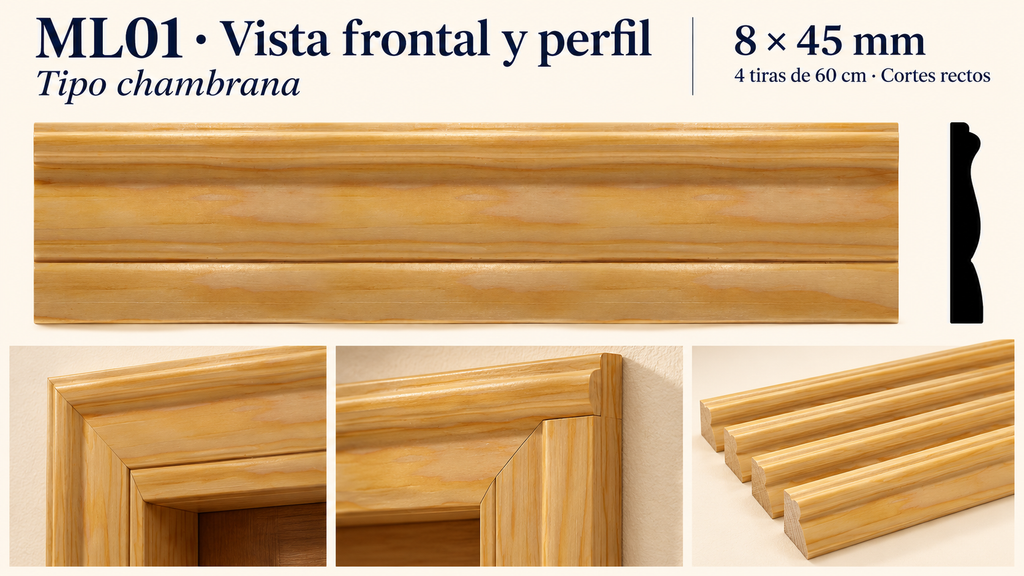 Moldura de madera lisa para mueble ML-01 – Kit de 4 Piezas TIPO CHAMBRANA