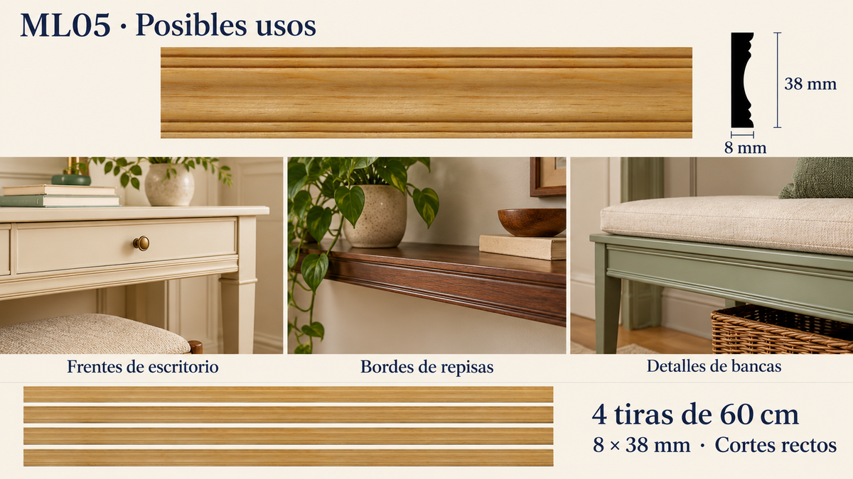 Moldura de madera lisa para mueble ML-05 – Kit de 4 Piezas TIPO PLACA