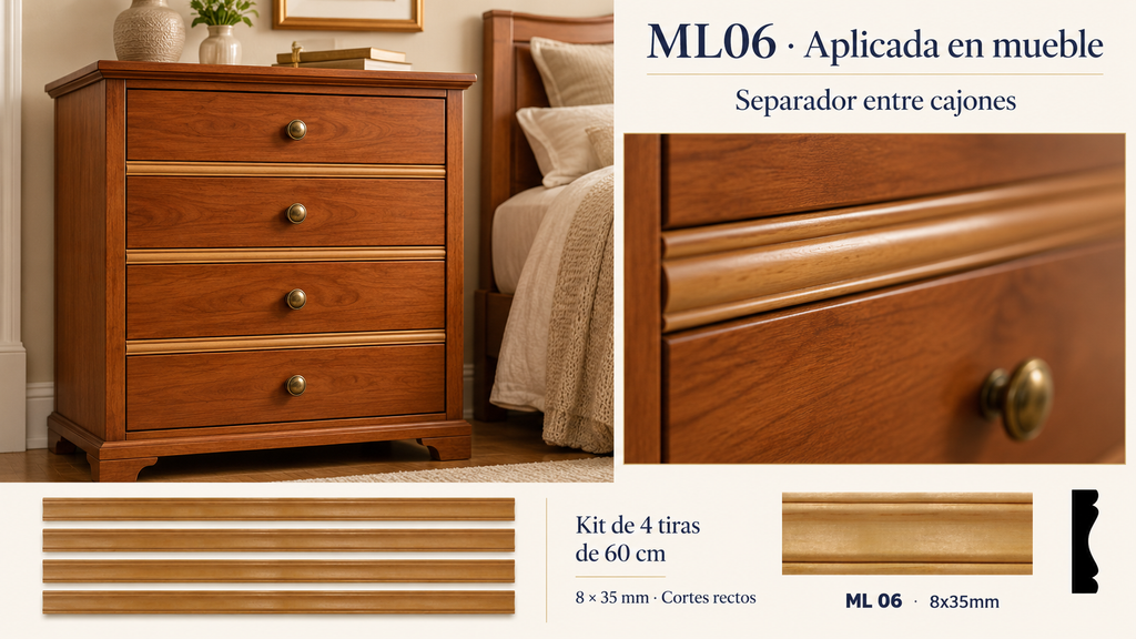 Moldura de madera lisa para mueble ML-06 – Kit de 4 Piezas TIPO SEPARADORA