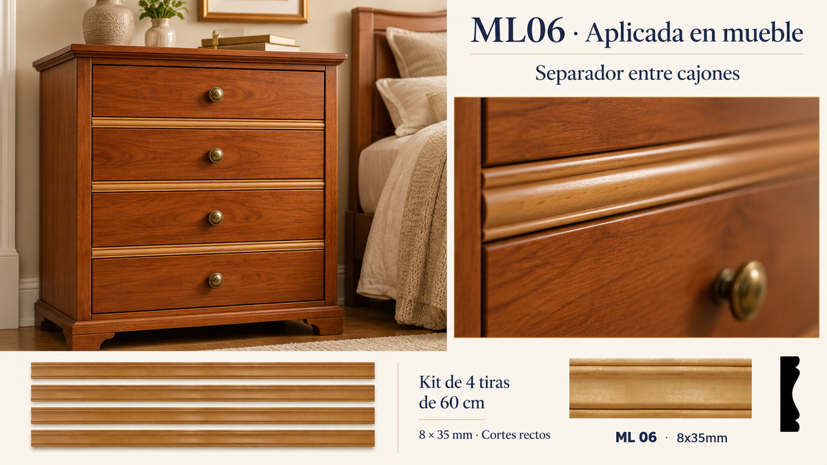 Moldura de madera lisa para mueble ML-06 – Kit de 4 Piezas TIPO SEPARADORA