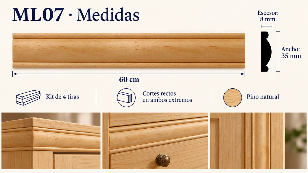 Moldura de madera lisa para mueble ML-07– Kit de 4 Piezas TIPO SEPARADORA