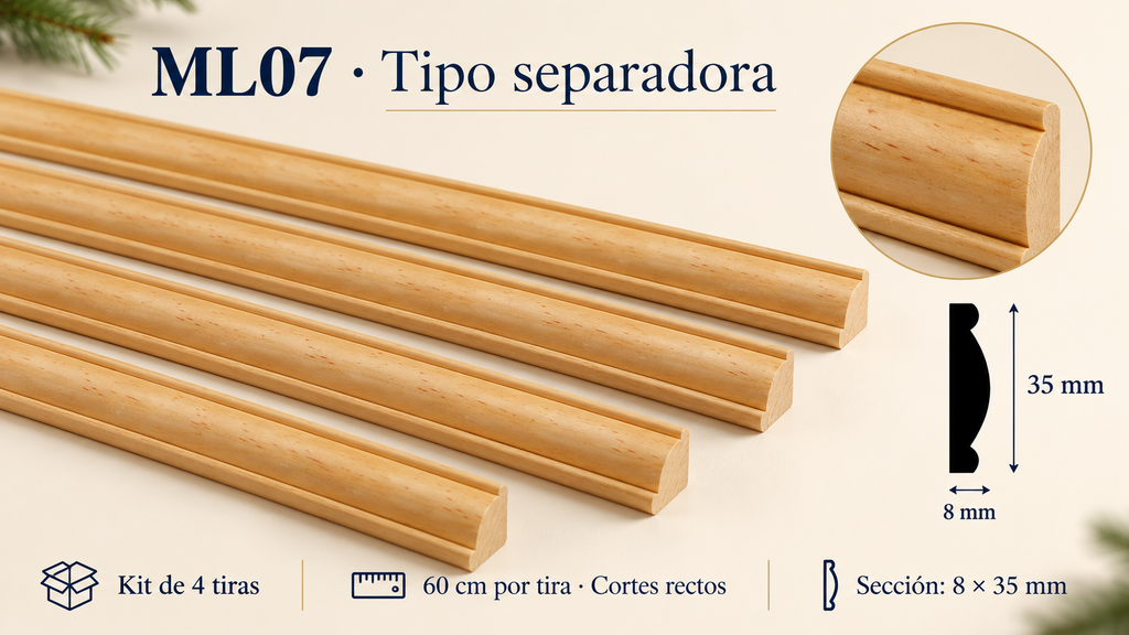 Moldura de madera lisa para mueble ML-07– Kit de 4 Piezas TIPO SEPARADORA
