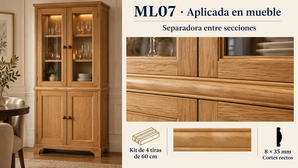Moldura de madera lisa para mueble ML-07– Kit de 4 Piezas TIPO SEPARADORA