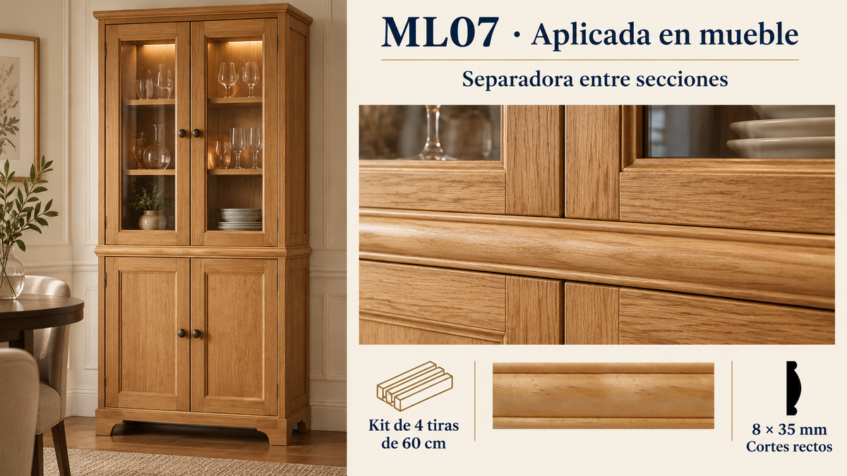 Moldura de madera lisa para mueble ML-07– Kit de 4 Piezas TIPO SEPARADORA