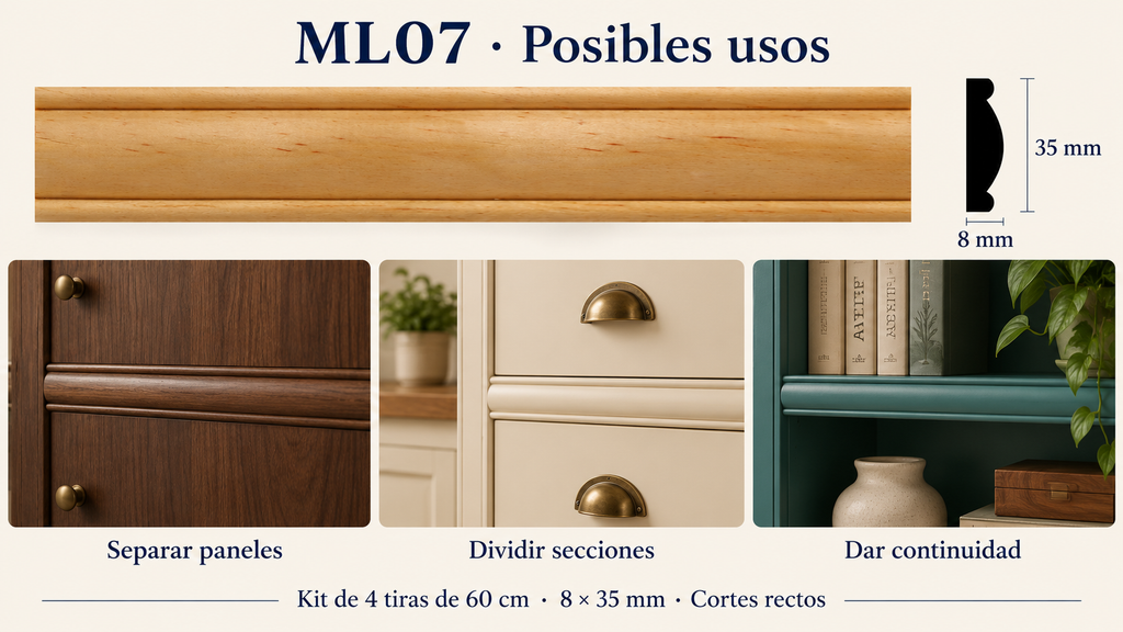 Moldura de madera lisa para mueble ML-07– Kit de 4 Piezas TIPO SEPARADORA