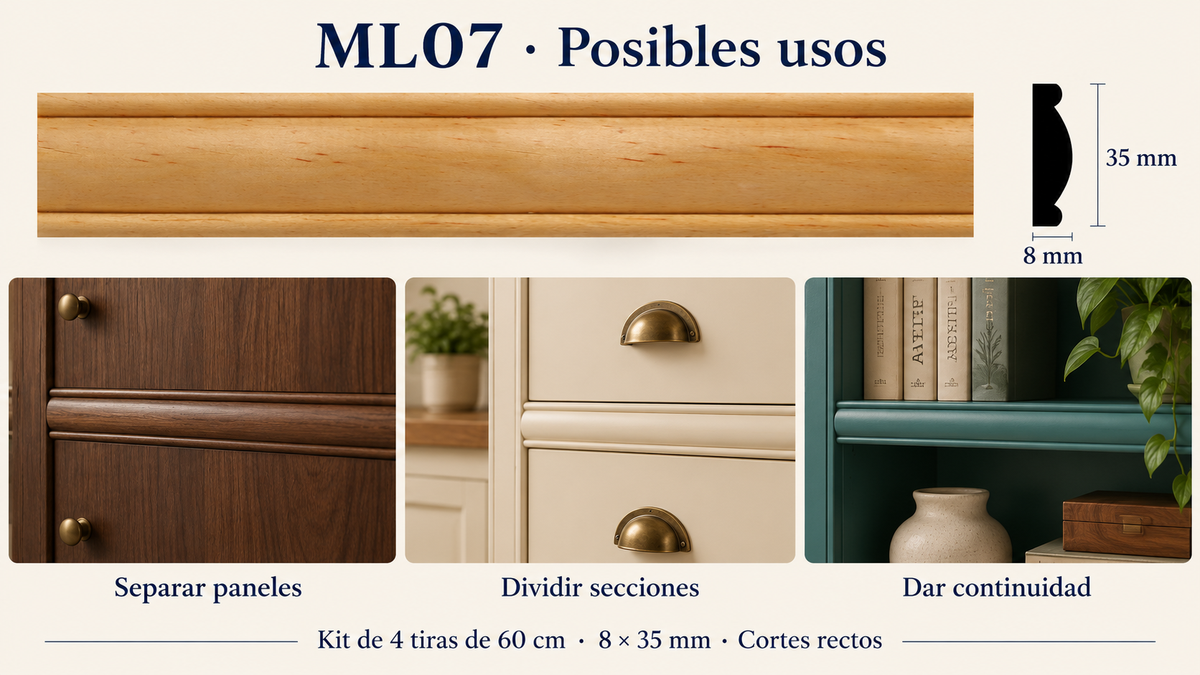 Moldura de madera lisa para mueble ML-07– Kit de 4 Piezas TIPO SEPARADORA