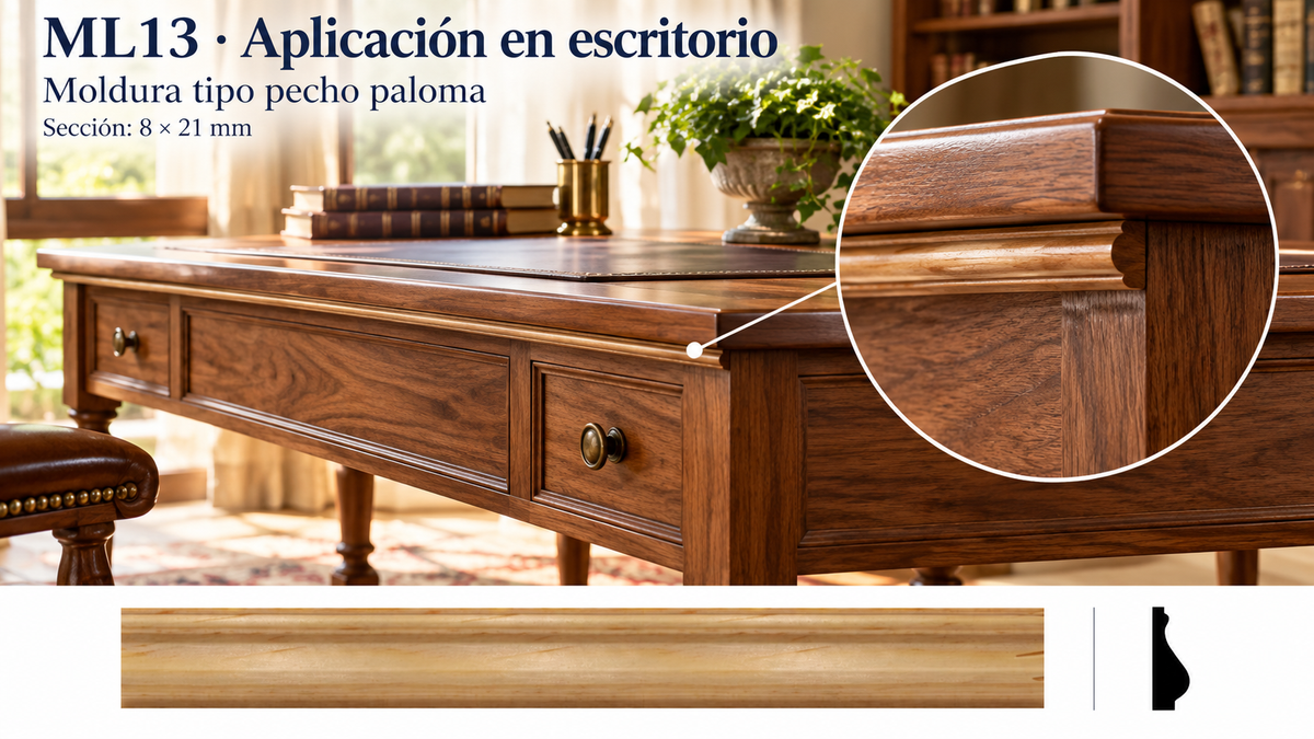 Moldura de madera lisa para mueble ML-13 – Kit de 4 Piezas TIPO PECHO PALOMA