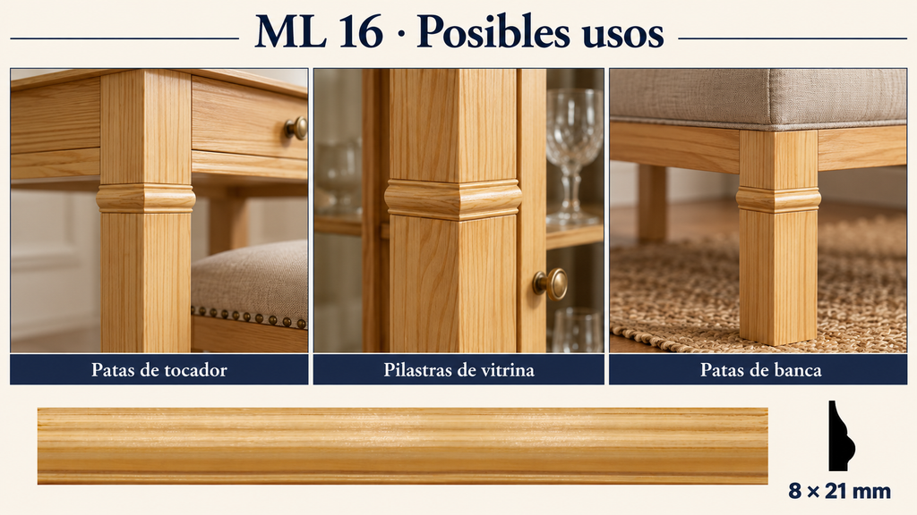 Moldura de madera lisa para mueble ML-16 – Kit de 4 Piezas TIPO MEDIO COLLARIN