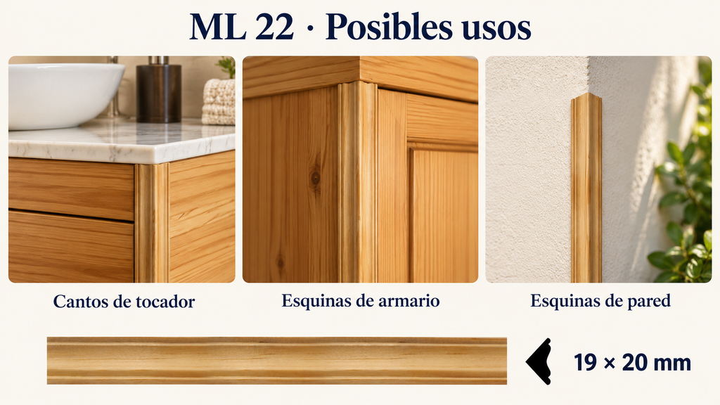 Moldura de madera lisa para mueble ML-22 – Kit de 4 Piezas TIPO ESQUINERA
