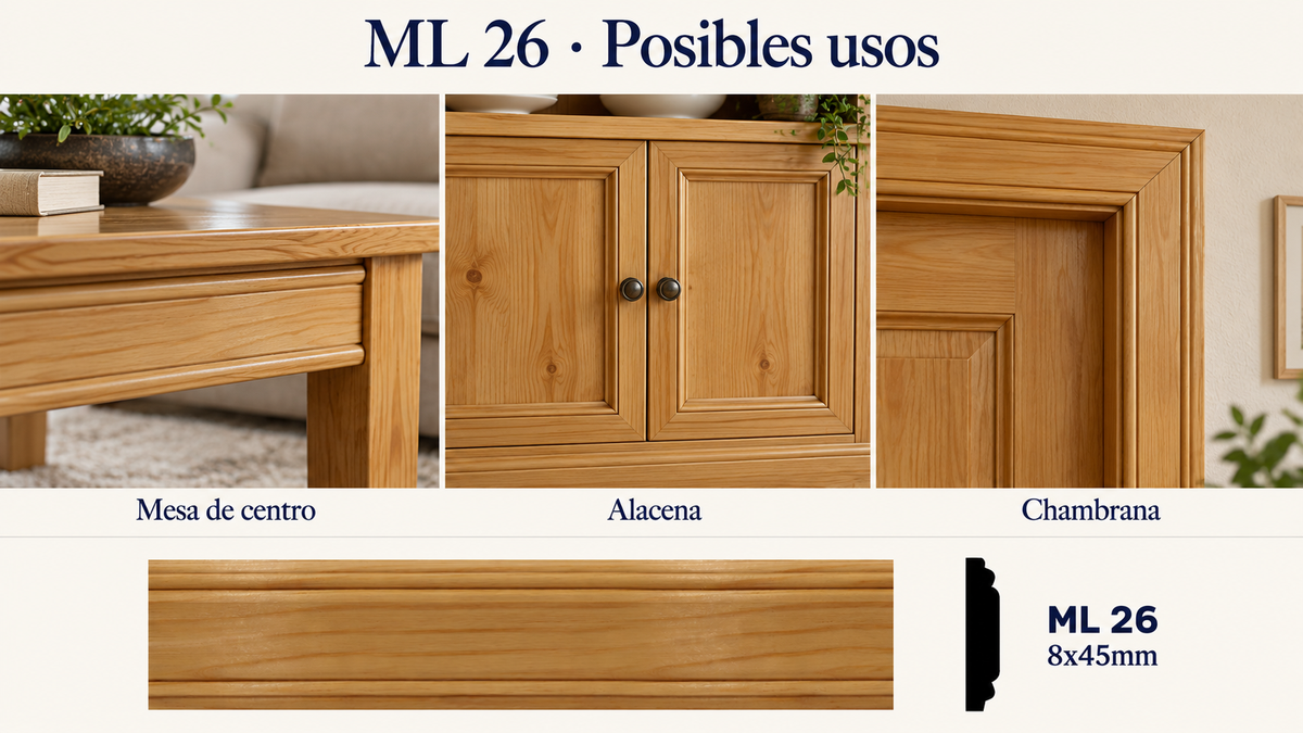 Moldura de madera lisa para mueble ML-26 – Kit de 4 Piezas TIPO CHAMBRANA