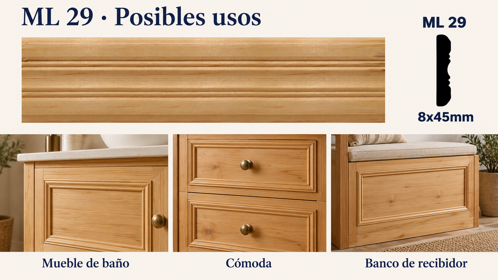 Moldura de madera lisa para mueble ML-29 – Kit de 4 Piezas TIPO CHAMBRANA