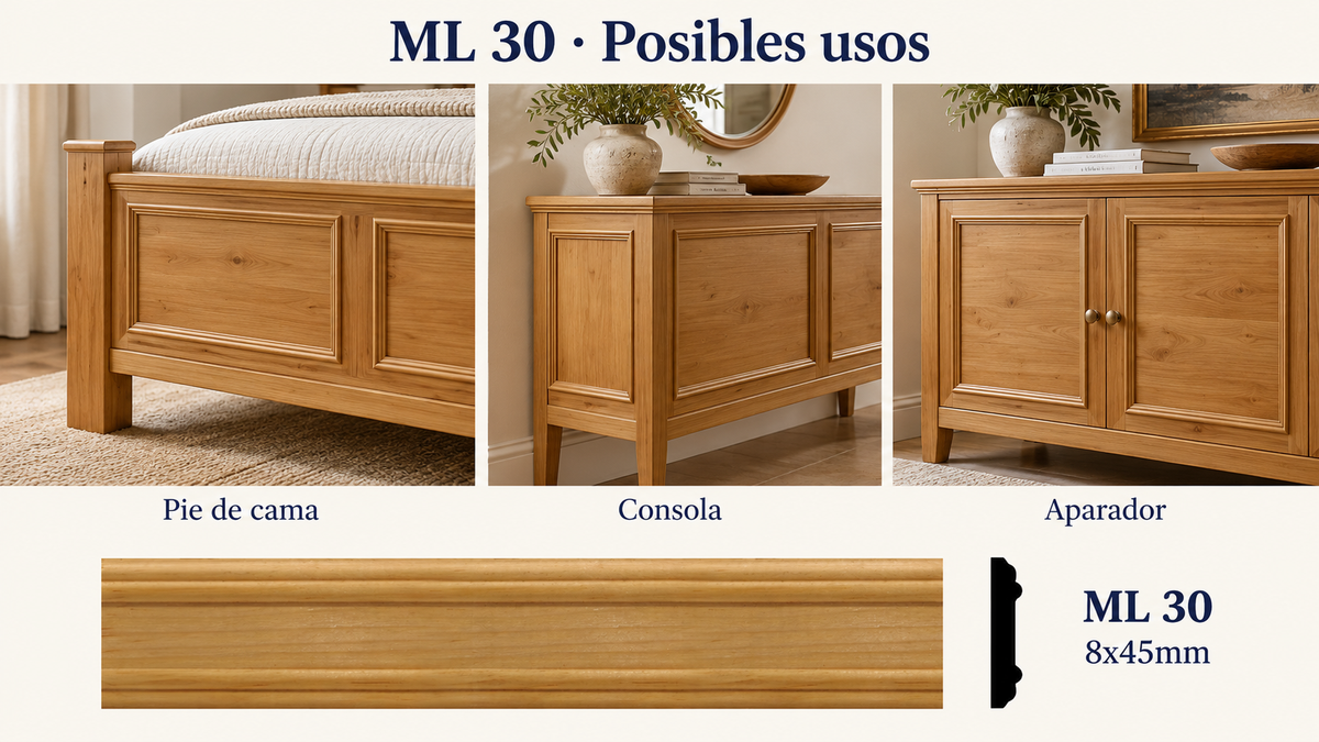 Moldura de madera lisa para mueble ML-30 – Kit de 4 Piezas TIPO CHAMBRANA
