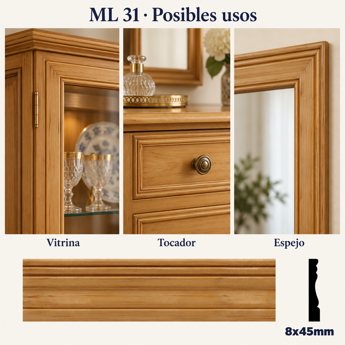Moldura de madera lisa para mueble ML-31 – Kit de 4 Piezas TIPO CHAMBRANA