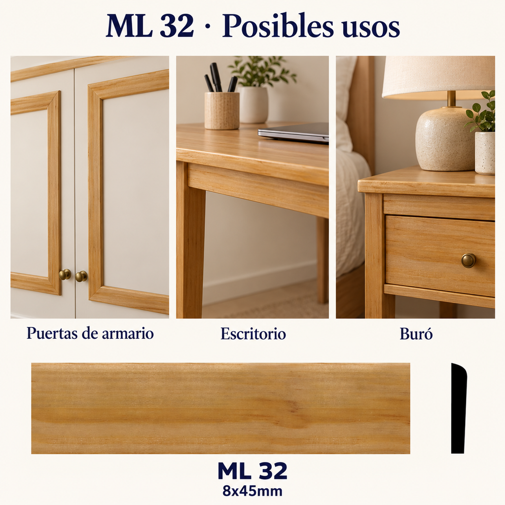 Moldura de madera lisa para mueble ML-32 – Kit de 4 Piezas TIPO CHAMBRANA BOLEADA