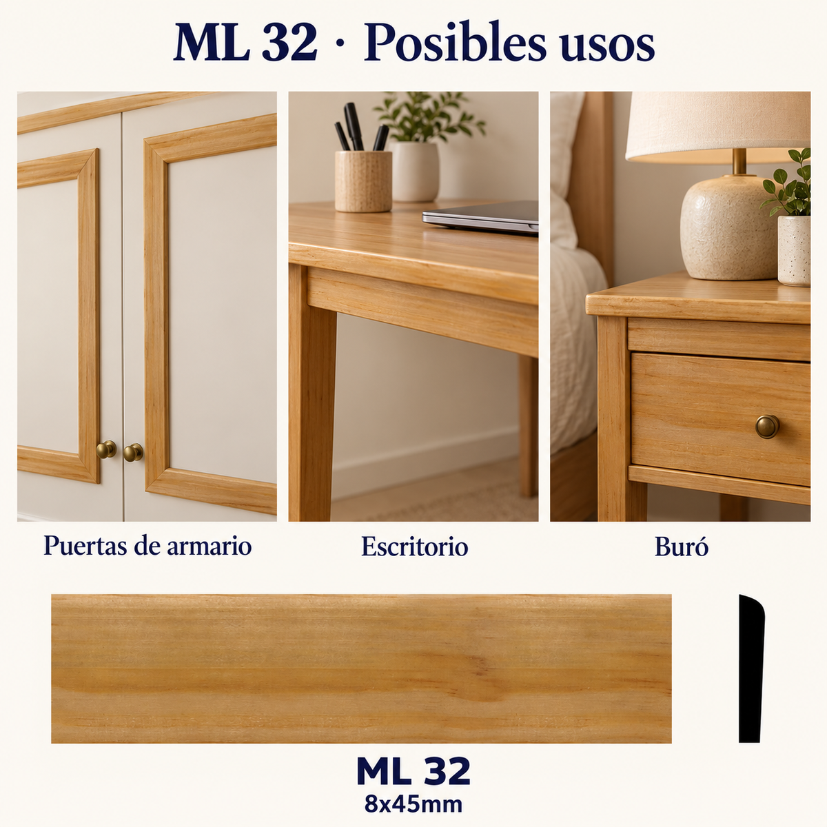 Moldura de madera lisa para mueble ML-32 – Kit de 4 Piezas TIPO CHAMBRANA BOLEADA