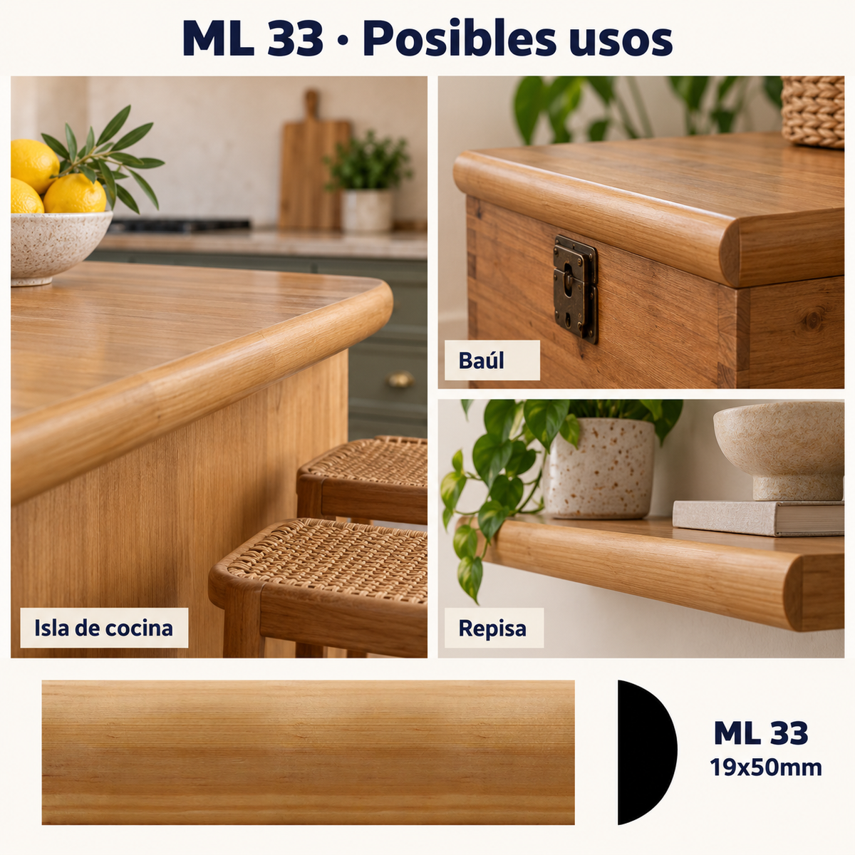 Moldura de madera lisa para mueble ML-33 – Kit de 4 Piezas TIPO MEDIA CAÑA