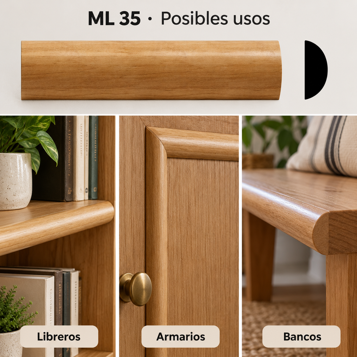 Moldura de madera lisa para mueble ML-35 – Kit de 4 Piezas TIPO MEDIA CAÑA