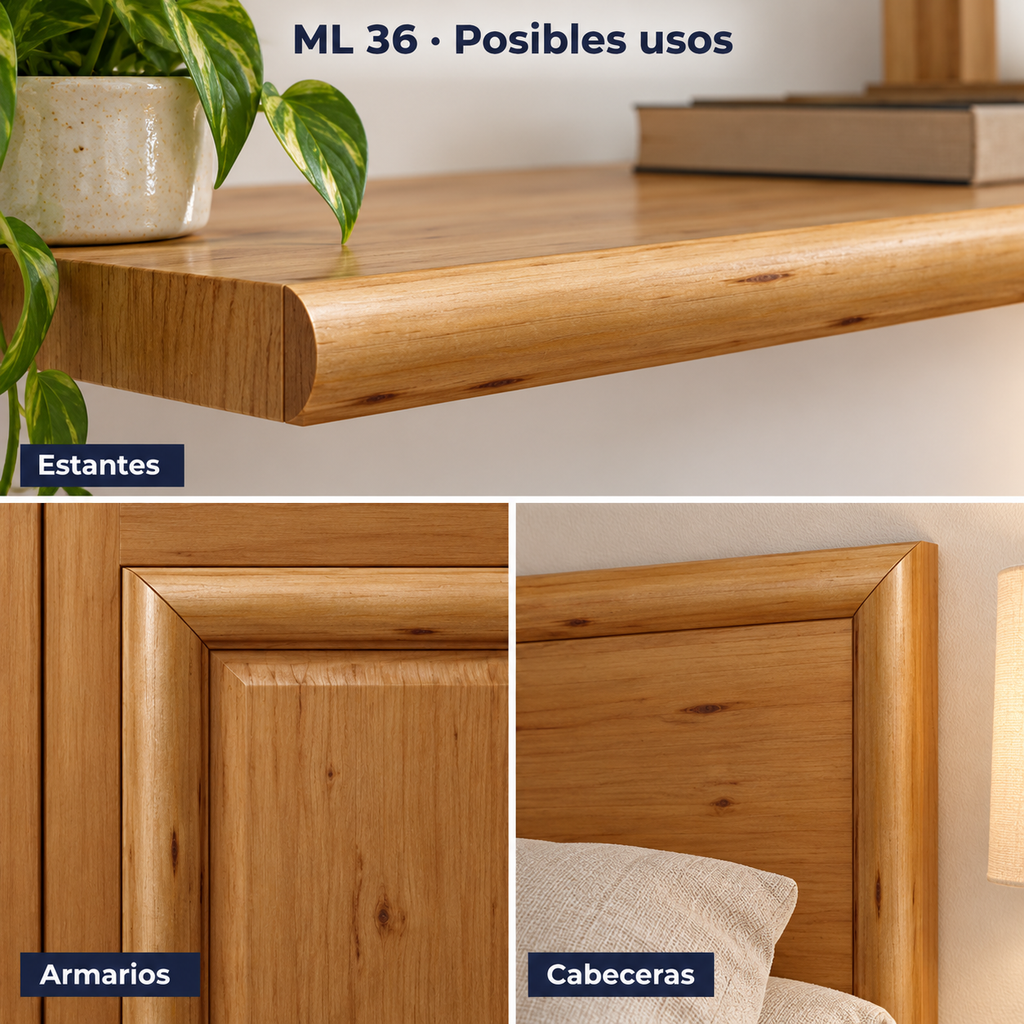 Moldura de madera lisa para mueble ML-36 – Kit de 4 Piezas TIPO MEDIA CAÑA