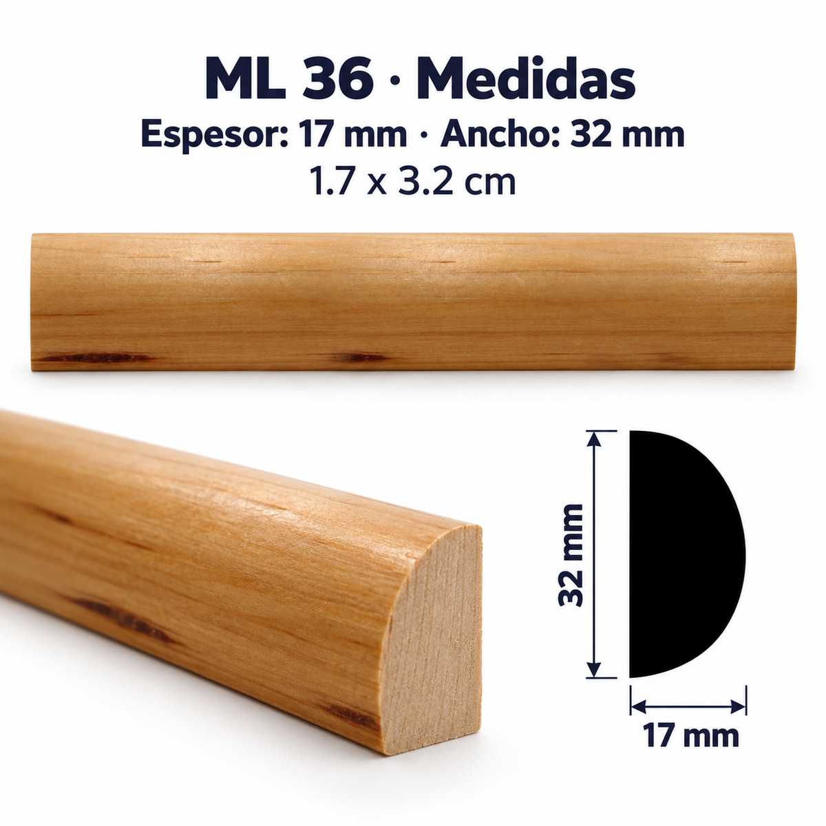Moldura de madera lisa para mueble ML-36 – Kit de 4 Piezas TIPO MEDIA CAÑA