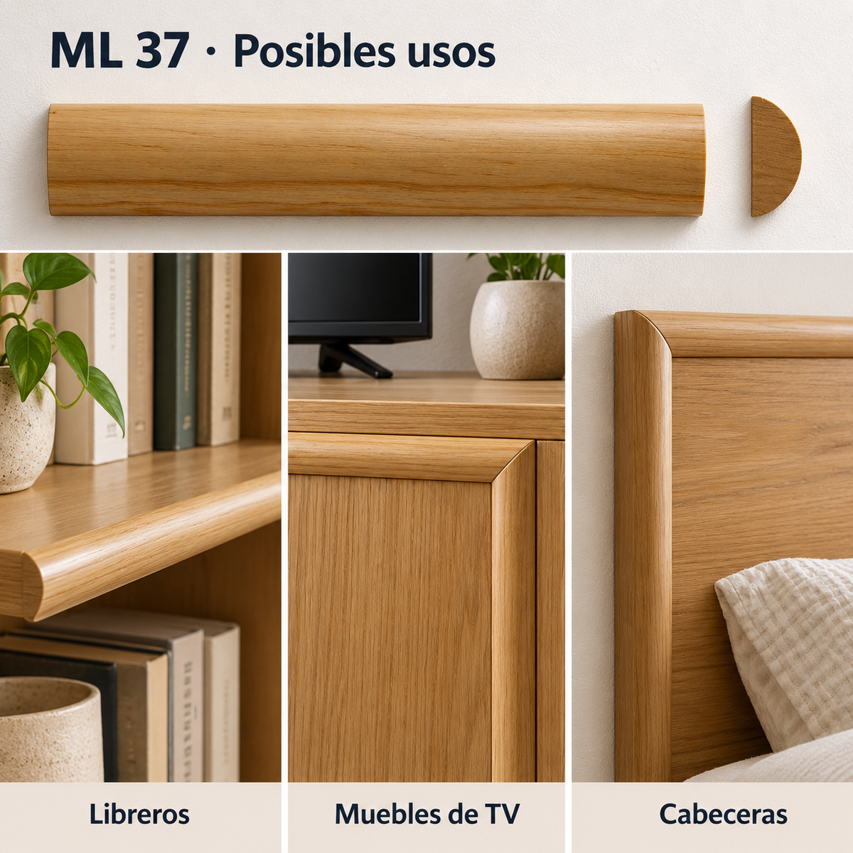 Moldura de madera lisa para mueble ML-37 – Kit de 4 Piezas TIPO MEDIA CAÑA