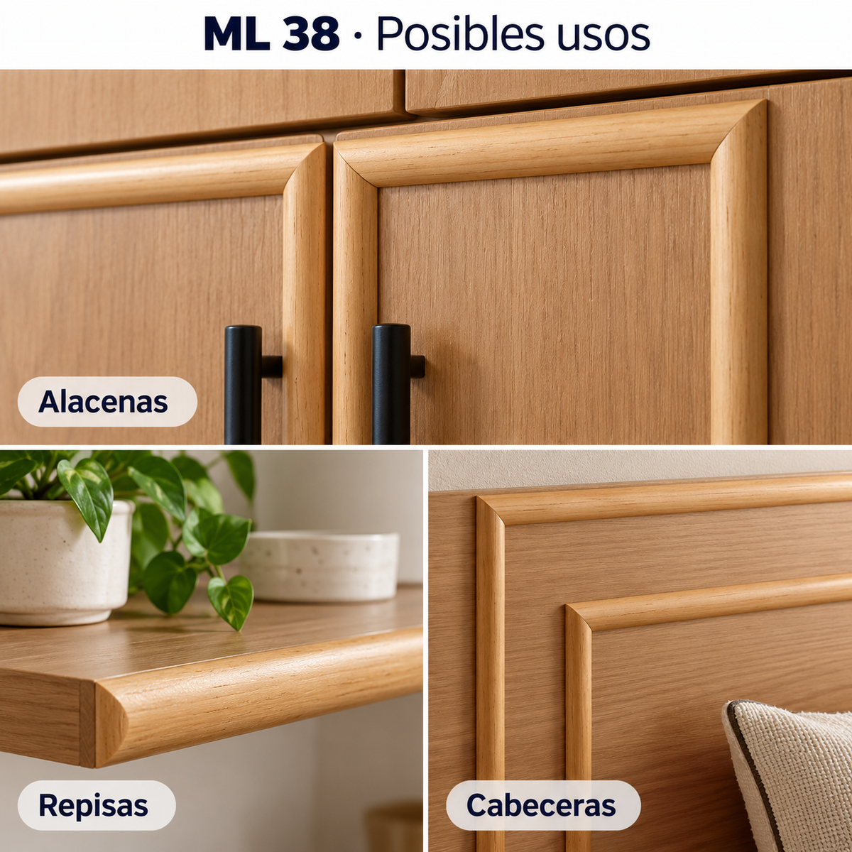 Moldura de madera lisa para mueble ML-38 – Kit de 4 Piezas TIPO MEDIA CAÑA