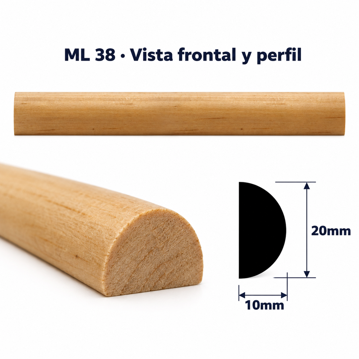 Moldura de madera lisa para mueble ML-38 – Kit de 4 Piezas TIPO MEDIA CAÑA