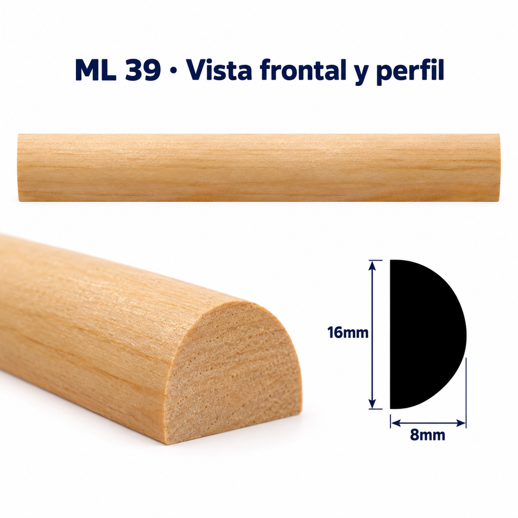 Moldura de madera lisa para mueble ML-39 – Kit de 4 Piezas TIPO MEDIA CAÑA