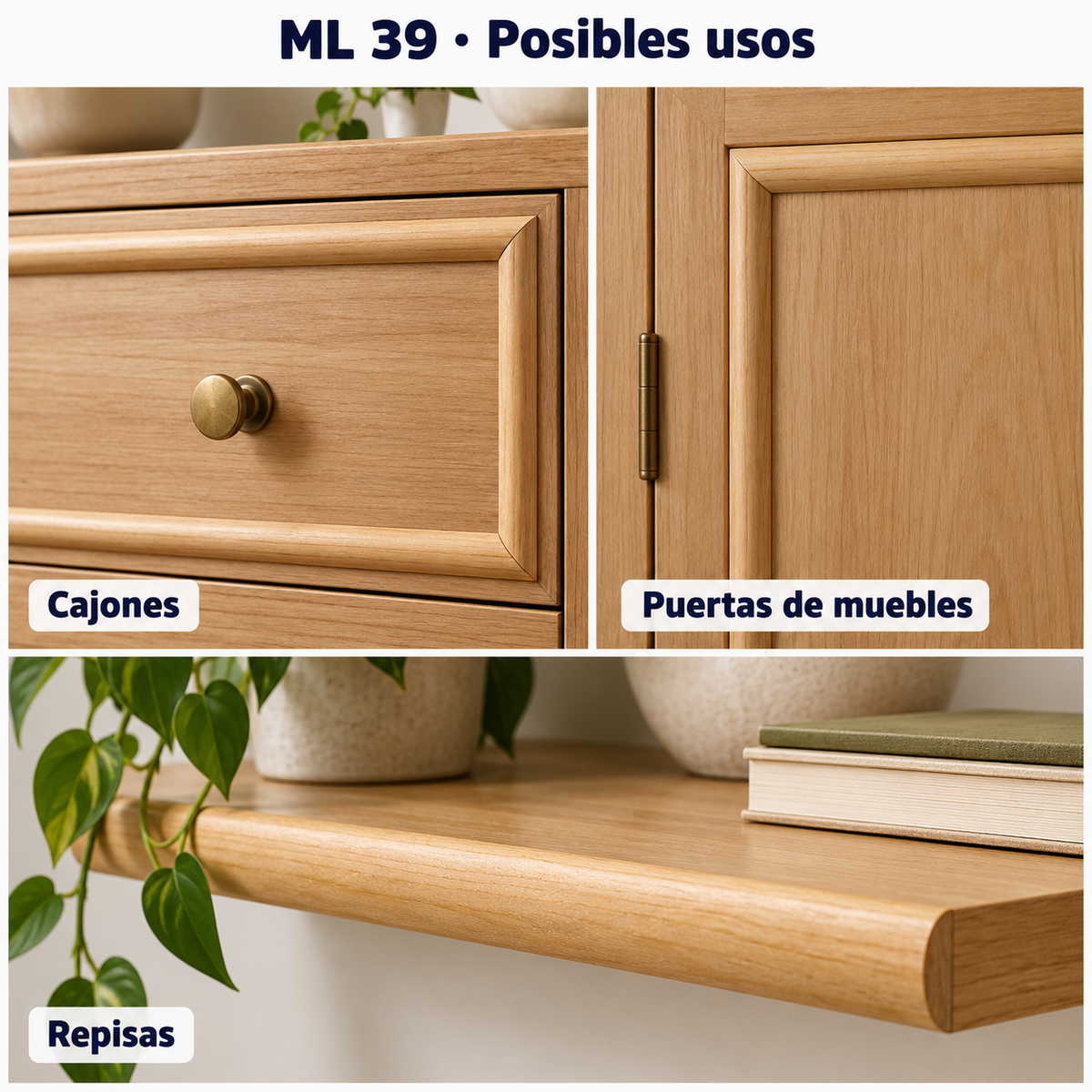 Moldura de madera lisa para mueble ML-39 – Kit de 4 Piezas TIPO MEDIA CAÑA