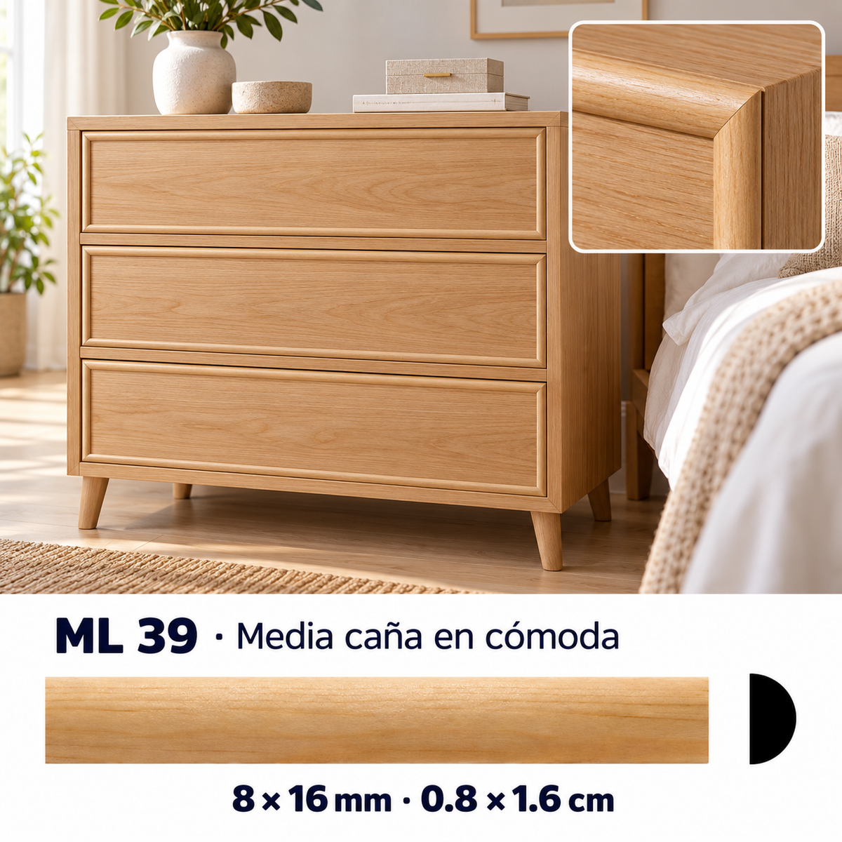 Moldura de madera lisa para mueble ML-39 – Kit de 4 Piezas TIPO MEDIA CAÑA