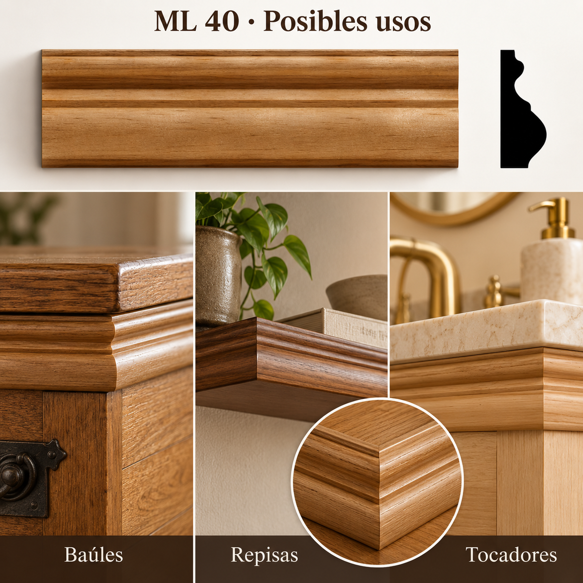 Moldura de madera lisa para mueble ML-40– Kit de 4 Piezas TIPO REMATE O PECHO PALOMA