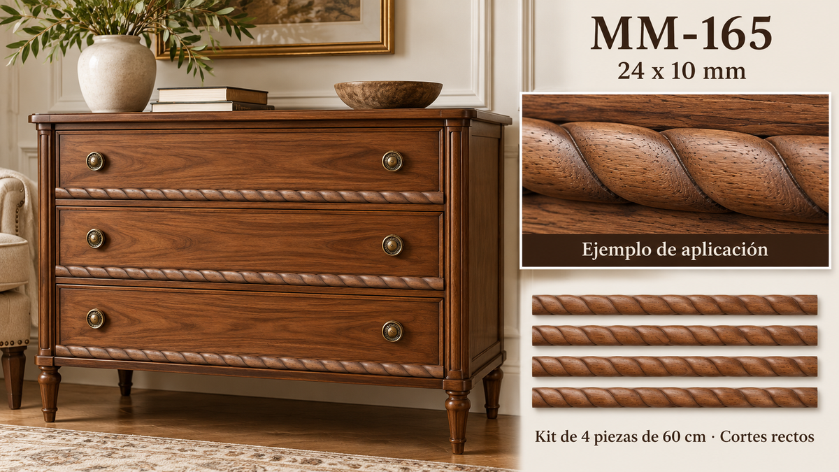 Kit 8 Molduras Media Caña Grabadas MM-165 de Madera | 55 cm c/u | Pino Natural