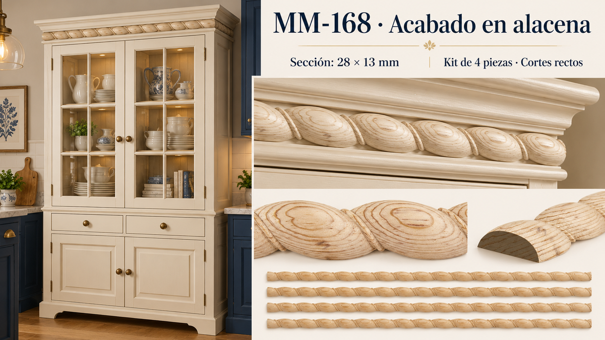 Kit 8 Molduras Media Caña Grabadas MM-168 de Madera | 55 cm c/u | Pino Natural