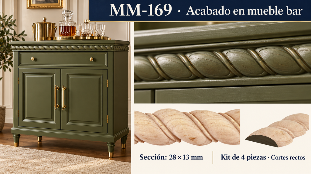 Kit 8 Molduras Media Caña Grabadas MM-169 de Madera | 55 cm c/u | Pino Natural
