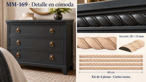 Kit 8 Molduras Media Caña Grabadas MM-169 de Madera | 55 cm c/u | Pino Natural