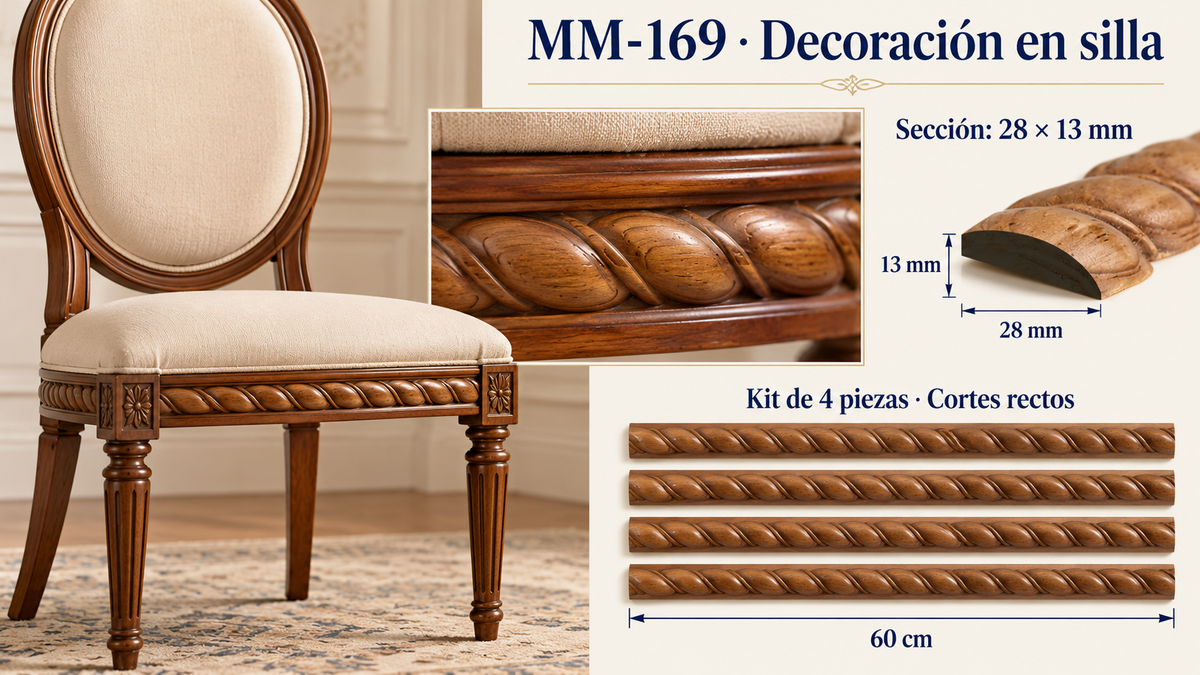 Kit 8 Molduras Media Caña Grabadas MM-169 de Madera | 55 cm c/u | Pino Natural