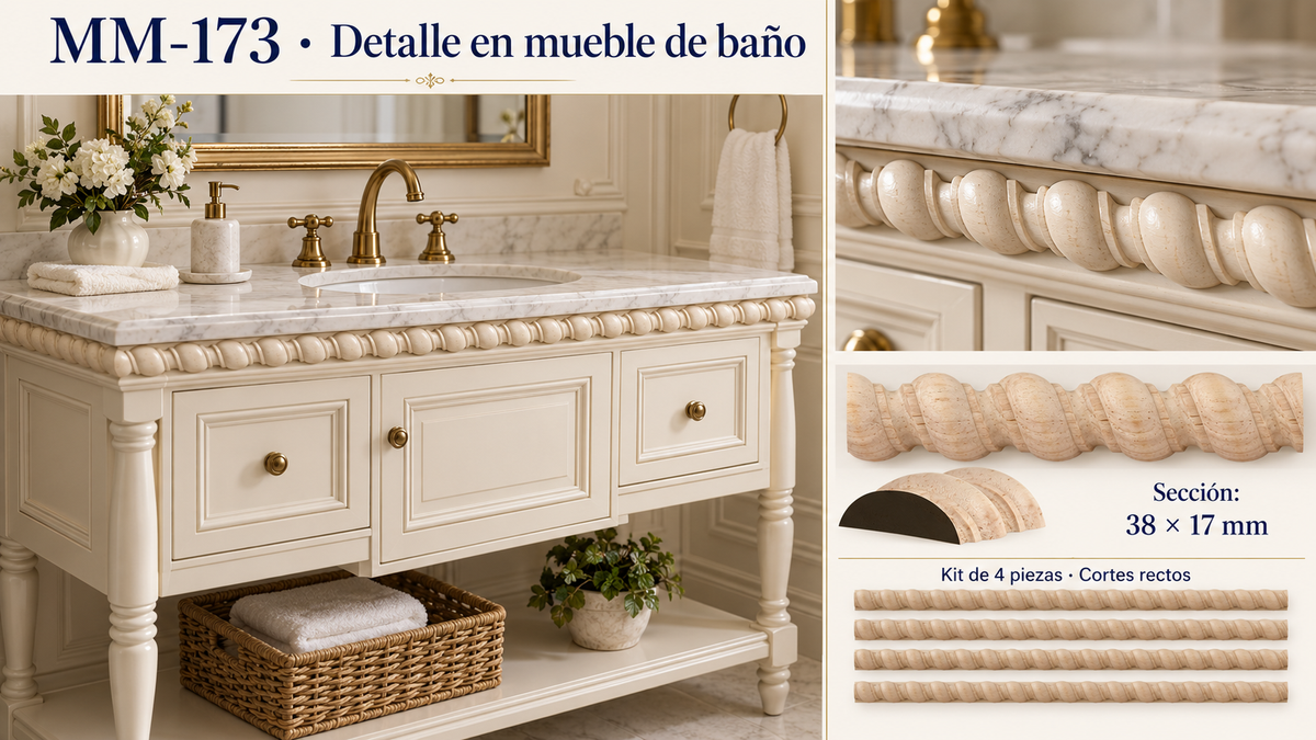 Kit 8 Molduras Media Caña Grabadas MM-173 de Madera | 55 cm c/u | Pino Natural