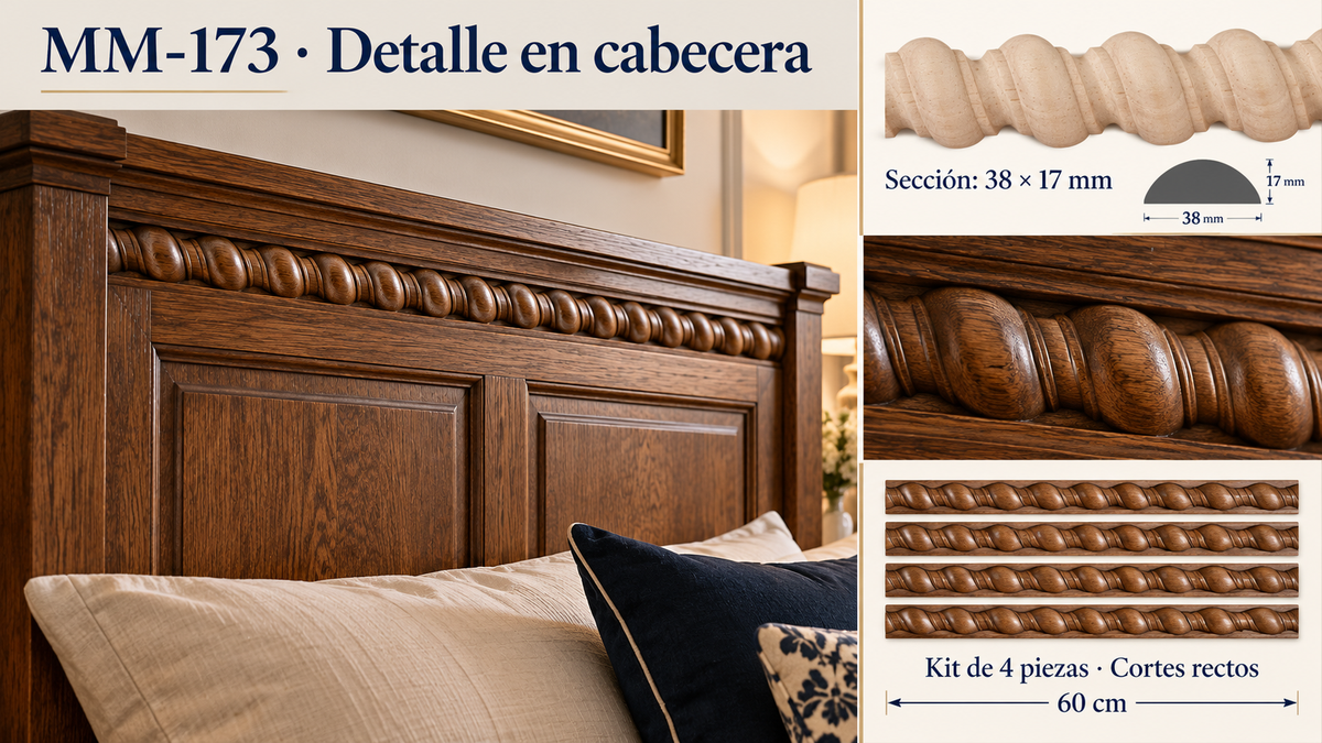 Kit 8 Molduras Media Caña Grabadas MM-173 de Madera | 55 cm c/u | Pino Natural