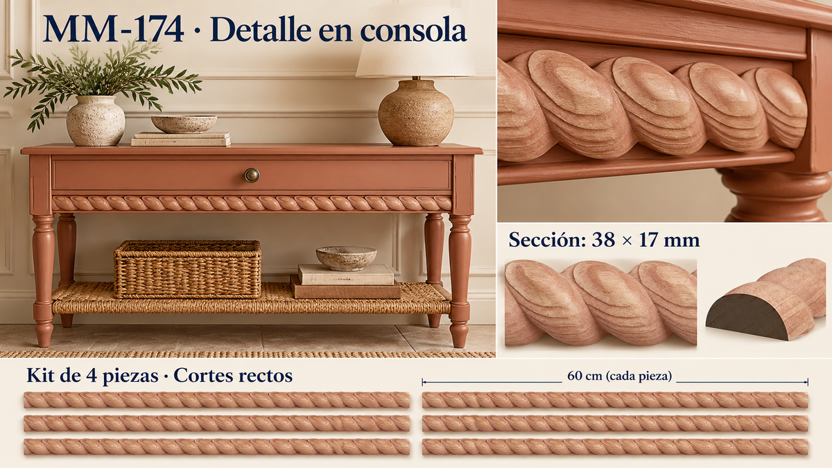 Kit 8 Molduras Media Caña Grabadas MM-174 de Madera | 55 cm c/u | Pino Natural