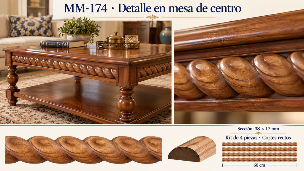 Kit 8 Molduras Media Caña Grabadas MM-174 de Madera | 55 cm c/u | Pino Natural