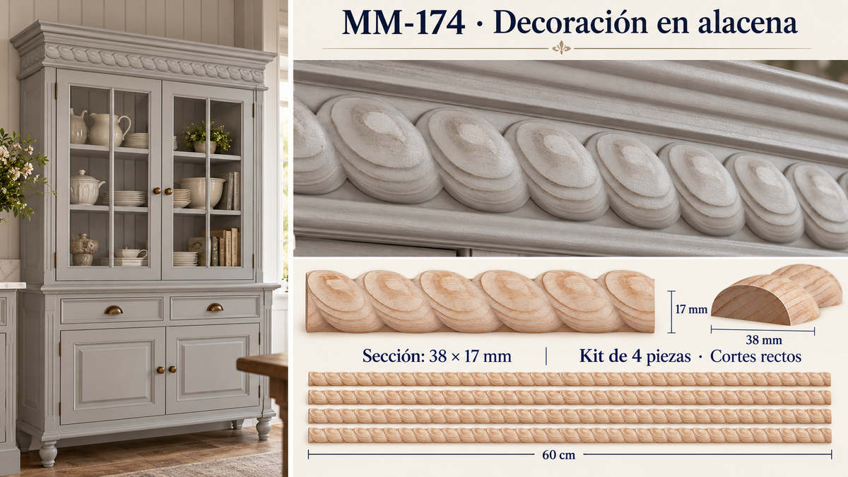 Kit 8 Molduras Media Caña Grabadas MM-174 de Madera | 55 cm c/u | Pino Natural