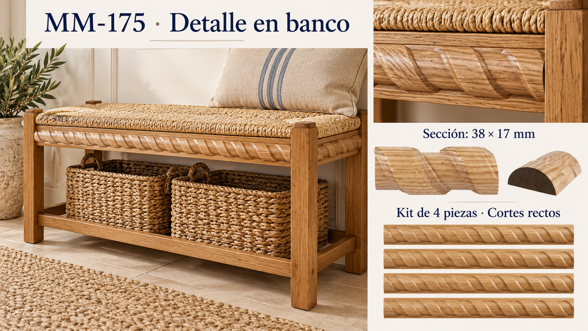 Kit 8 Molduras Media Caña Grabadas MM-175 de Madera | 55 cm c/u | Pino Natural